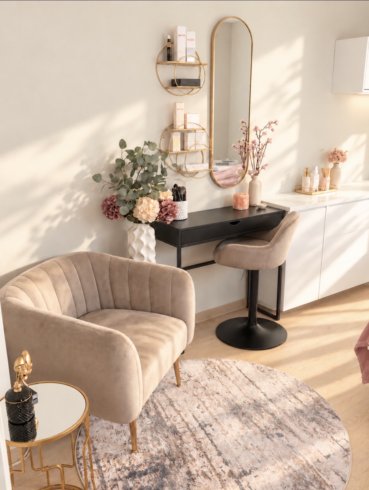 The skincare studio lounge with soft seating and a gold-framed mirror