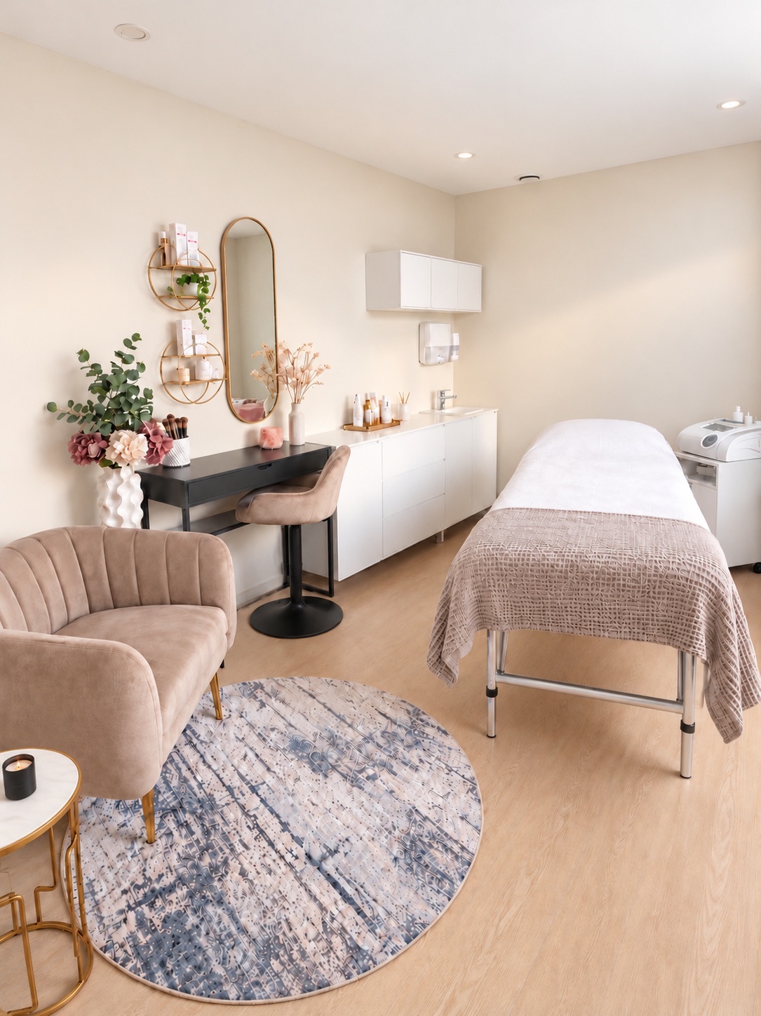 Nida Meide Skincare treatment room with a tidy cabinet and mauve treatment bed